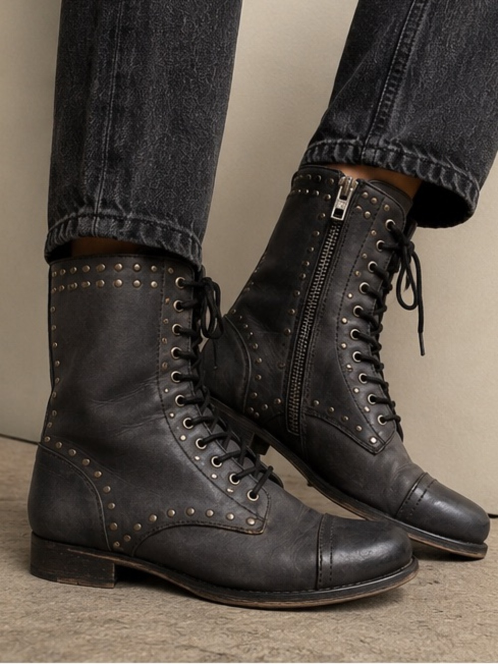 Diesel Black Leather Studded Combat Moto Boots EU 39 US 8.5